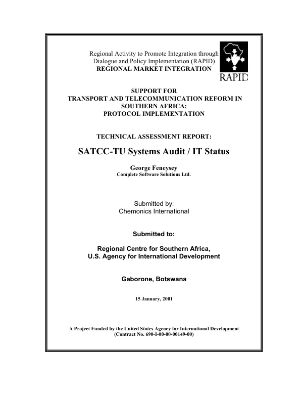 Technical assessment report : SATCC-TU [Southern Africa Transport and Communications Commission Technical Unit] systems audit/IT [information technology] status