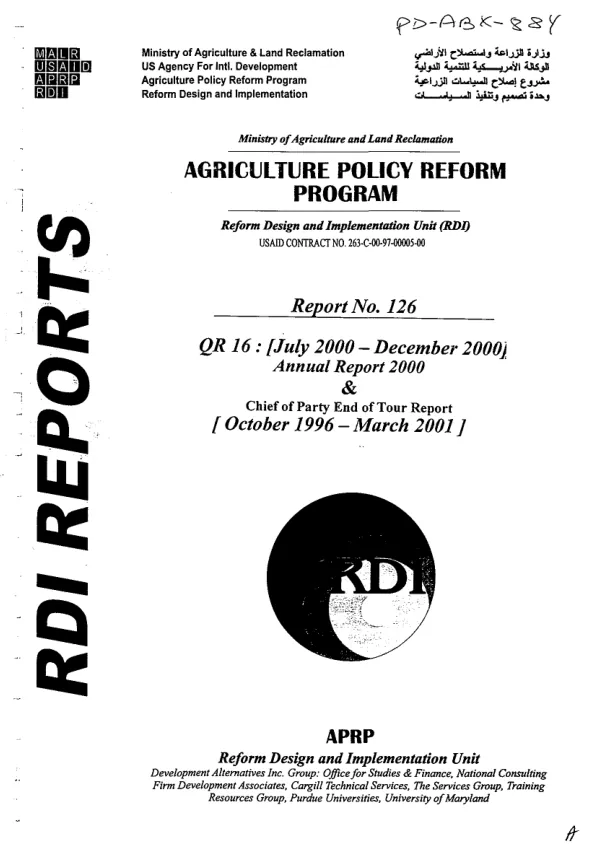 Agricultural policy reform program (APRP)-Reform Design and Implementation Unit (RDI) -- ]QR [quarterly report] 16 : (July 2000-December 2000) and] annual report 2000 & chief of party end of tour report (October 1996-March 2001)
