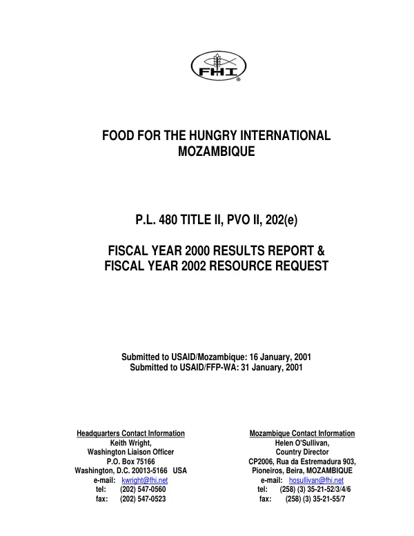 Food for the Hungry International Mozambique : PL 480 Title II, PVO II, 202(e) : fiscal year 2000 results report & fiscal year 2002 resource request