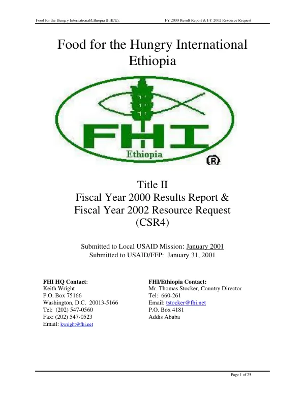 Food for the Hungry International Ethiopia : Title II fiscal year 2000 results report & fiscal year 2002 resource request (CSR4 (cooperating sponsor results report and resource request))
