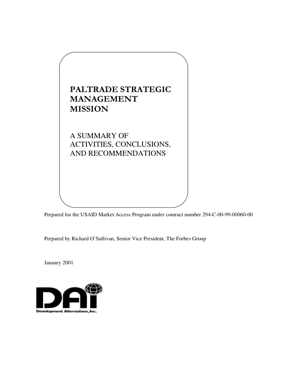 PalTrade strategic management mission : a summary of activities, conclusions, and recommendations