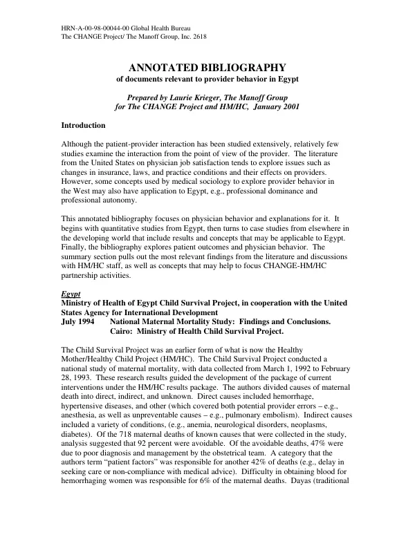 Annotated bibliography of documents relevant to provider behavior in Egypt