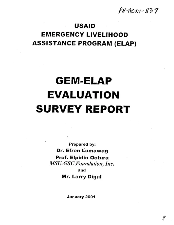 USAID emergency livelihood assistance program (ELAP) : GEM-ELAP evaluation survey report