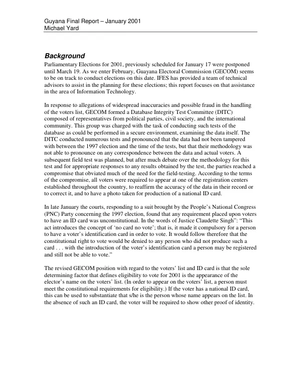 Guyana parliamentary elections for 2001 : final report