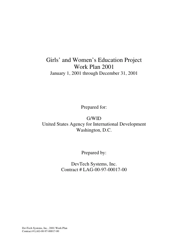 Girls" and women"s education [GWE] project : workplan 2001, January 1, 2001 through December 31, 2001