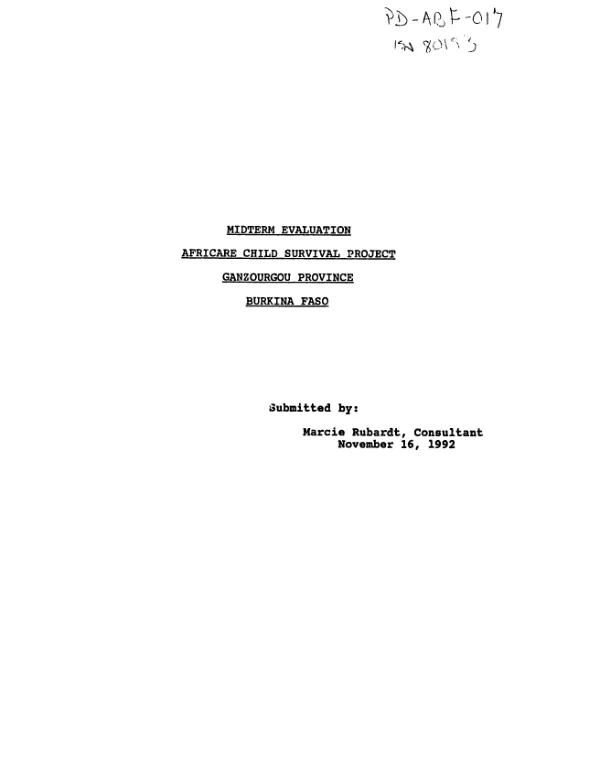 Midterm evaluation : AFRICARE child survival project, Ganzourgou Province, Burkina Faso