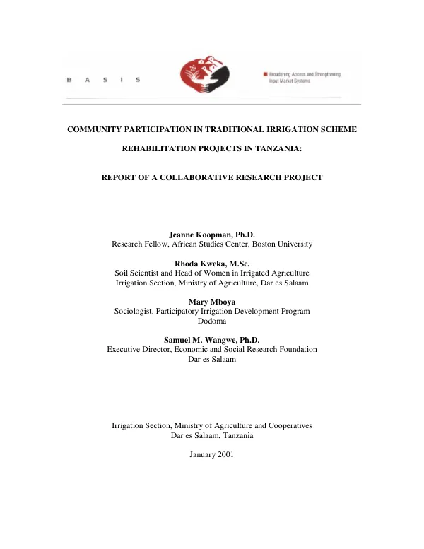 Community participation in traditional irrigation scheme rehabilitation projects in Tanzania : report of a collaborative research project