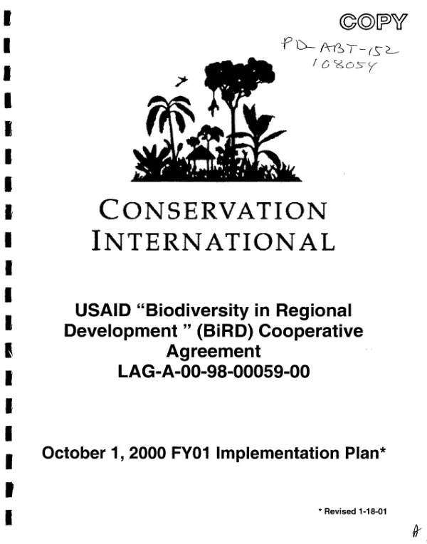 Conservation International : USAID "biodiversity in regional development" (BiRD) cooperative agreeement LAG-A-00-98-00059-00 -- October 1, 2000 FY01 implementation plan