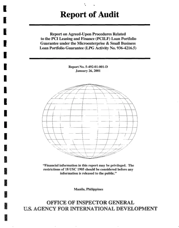 Report on agreed-upon procedures related to the PCI leasing and finance (PCILF) loan portfolio guarantee under the microenterprise & small business loan portfolio guarantee (LPG activity no. 936-4216.5)