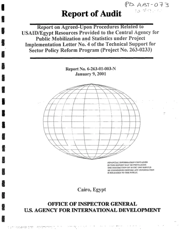 Report on the agreed-upon procedures related to USAID/Egypt resources provided to the Central Agency for Public Mobilization and Statistics under project implementation letter no. 4 of the technical support for sector policy reform program (project no. 263-0233)