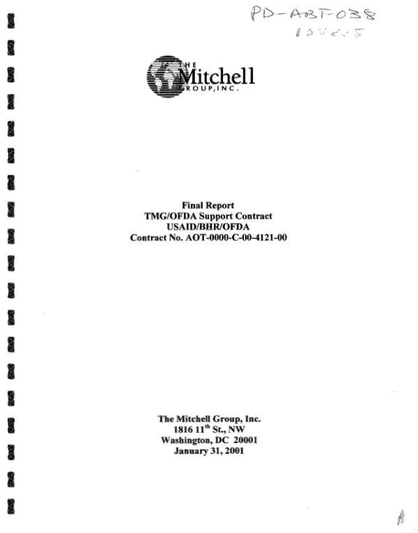 Final report : TMG/OFDA [The Mitchell Group/Office of Foreign Disaster Assistance] support contract USAID/BHR/OFDA -- contract no. AOT-0000-C-00-4121-00