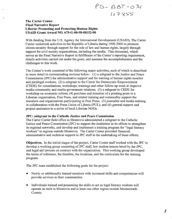 Carter Center final narrative report : Liberia -- promoting and protecting human rights : USAID grant award no. 675-G-00-98-08152-00