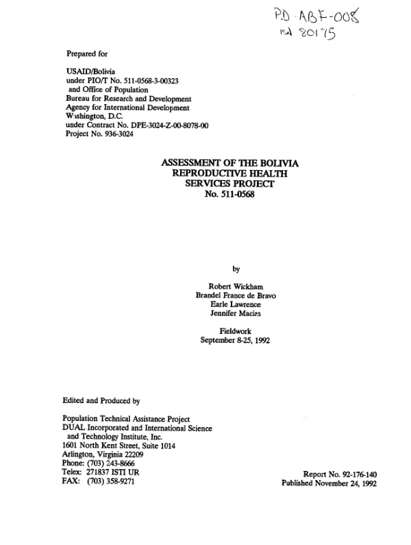 Assessment of the Bolivia reproductive health services project, no. 511-0568