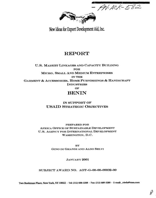 US market linkages and capacity building for micro, small and medium enterprises in the garment & accessories, home furnishings & handicraft industries of Benin in support of USAID strategic objectives