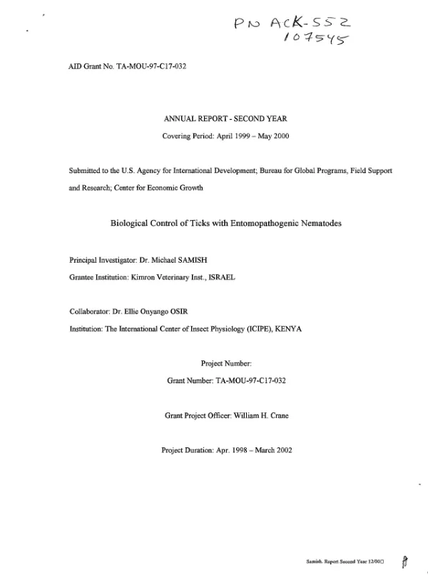 Annual report second year covering period April 1999-May 2000 : biological control of ticks with entomopathogenic nematodes