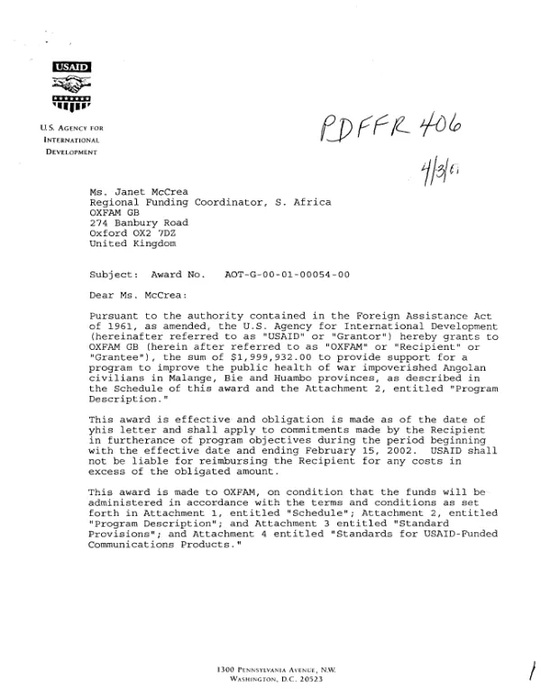Award contract AOT-G-00-01-00054-00 with OXFAM GB