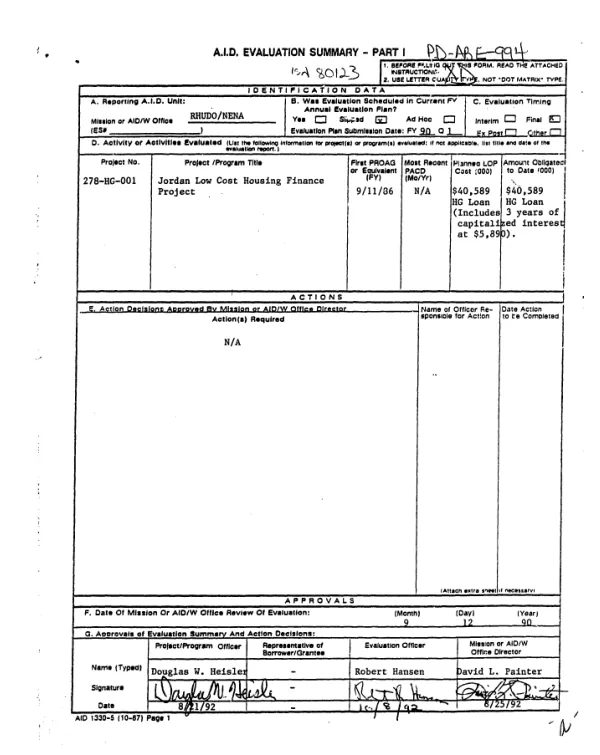 Final evaluation : Jordan low cost housing finance project 278-HG-001