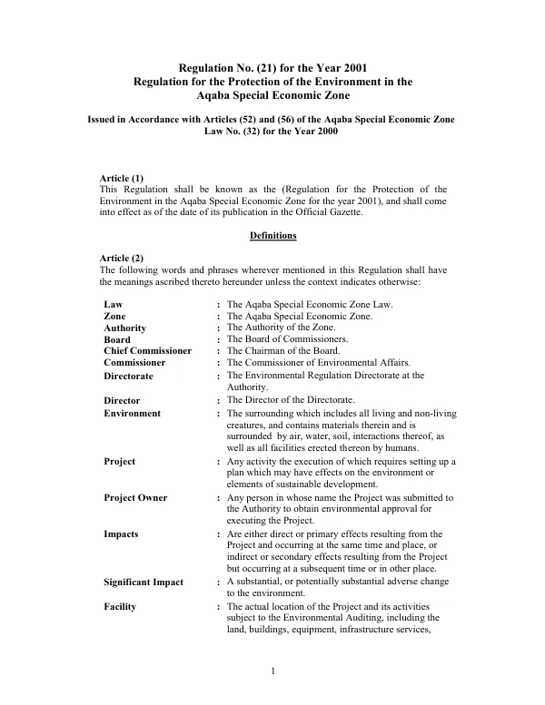 Regulation no. (21) for the year 2001 : regulation for the protection of the environment in the Aqaba special economic zone