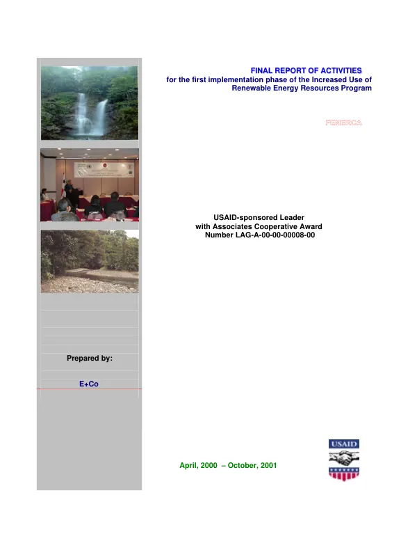 Final report of activities for the first implementation phase of the increased use of renewable energy resources program [FENERCA], April 2000-October 2001