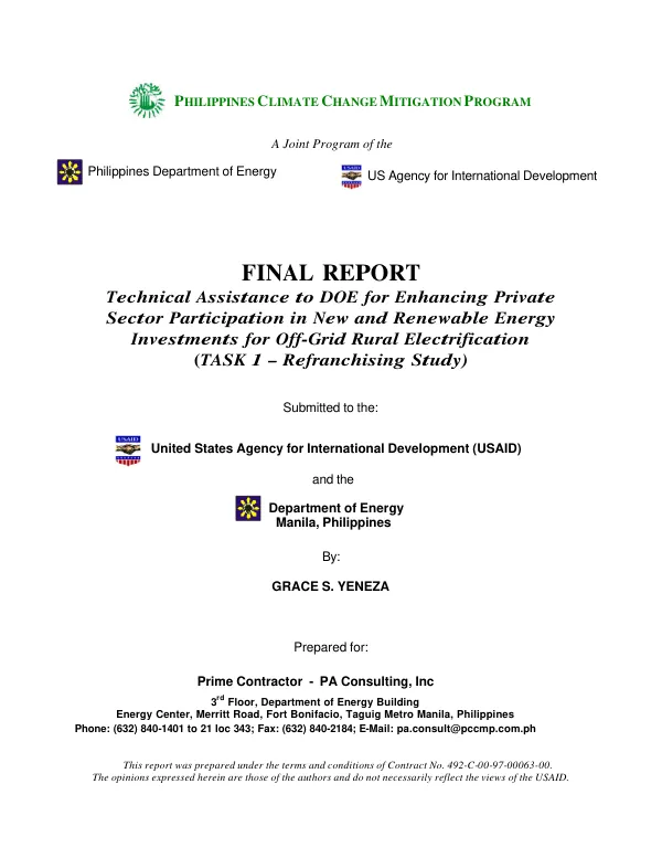 Final report : technical assistance to DOE for enhancing private sector participation in new and renewable energy investments for off-grid rural electrification (task 1 -- refranchising study)
