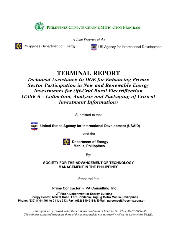 Terminal report : technical assistance to DOE for enhancing private sector participation in new and renewable energy investments for off-grid rural electrification (task 6 -- collection, analysis and packaging of critical investment information)