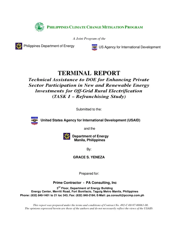 Terminal report : technical assistance to DOE for enhancing private sector participation in new and renewable energy investments for off-grid rural electrification (task 1 -- refranchising study)