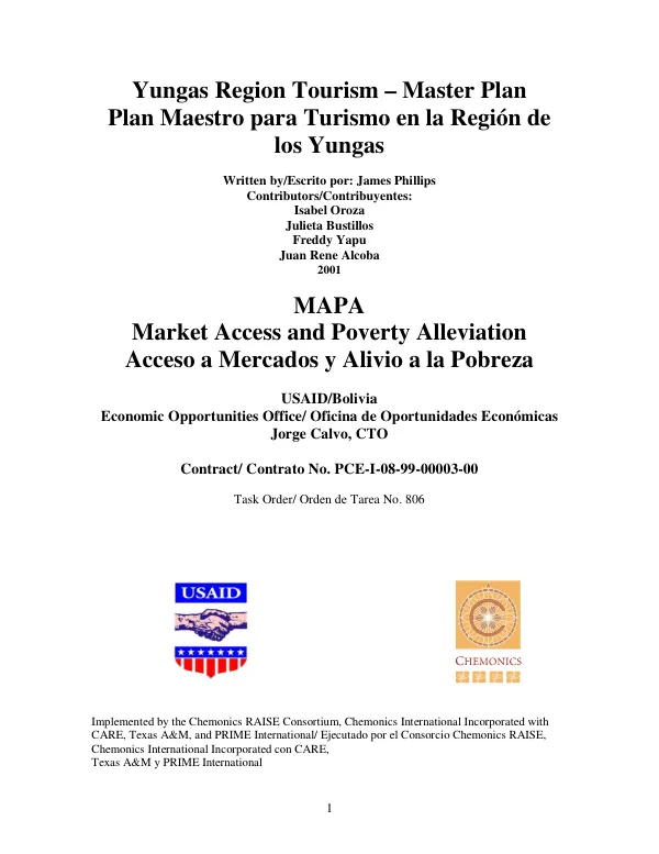 Yungas region tourism master plan = Plan maestro para tourismo en la region de los Yungas