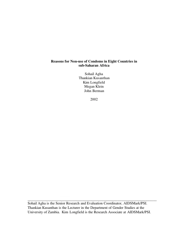 Reasons for non-use of condoms in eight countries in sub-Saharan Africa