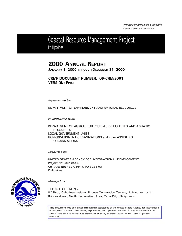 Coastal resource management project : Philippines -- 2000 annual report, January 1, 2000 through December 31, 2000