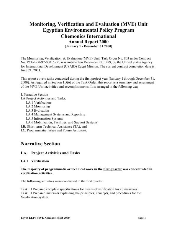 Monitoring, verification and evaluation (MVE) unit, Egyptian environmental policy program : Chemonics International -- annual report 2000 (January 1-December 31, 2000)