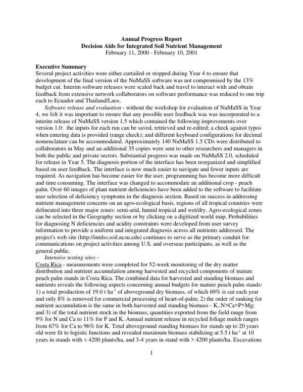 Annual progress report : decision aids for integrated soil nutrient management (IntDSS) -- February 11, 2000-February 10, 2001