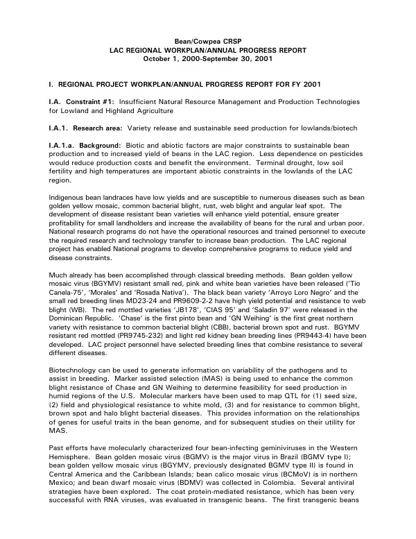 Bean/cowpea CRSP : LAC regional workplan/annual progress report, October 1, 2000-September 30, 2001