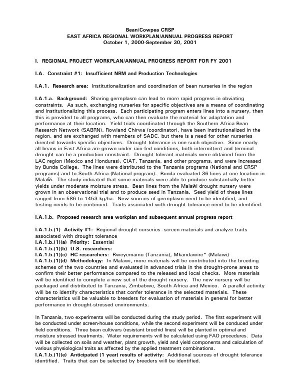 Bean/cowpea CRSP : East Africa regional workplan/annual progress report, October 1, 2000-September 30, 2001