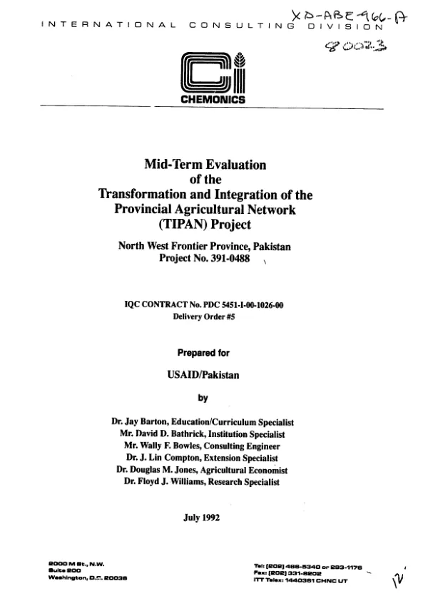 Mid-term evaluation of the transformation and integration of the provincial agricultural network (TIPAN) project, North West Frontier, Pakistan