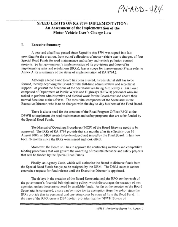 Speed limits on RA 8794 implementation : an assessment of the implementation of the motor vehicle user"s charge law
