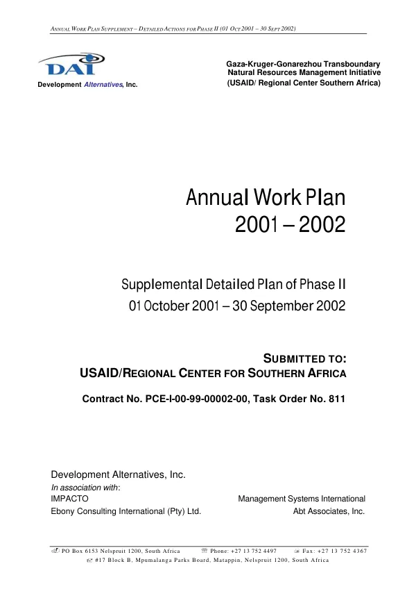 Gaza-Kruger-Gonarezhou transboundary natural resources management initiative (USAID/Regional Center Southern Africa) : annual work plan, 2001-2002 -- supplemental detailed plan of phase II, 01-October 2001-30 September 2002