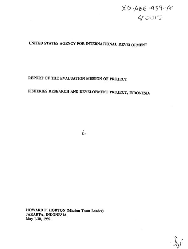 Report of the evaluation mission of project fisheries research and development project, Indonesia