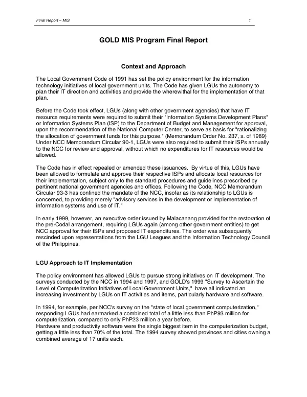 GOLD MIS [management information system] progrsm final report
