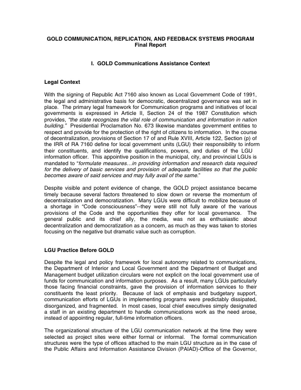GOLD [governance and local democracy] communication, replication, and feedback systems program : final report