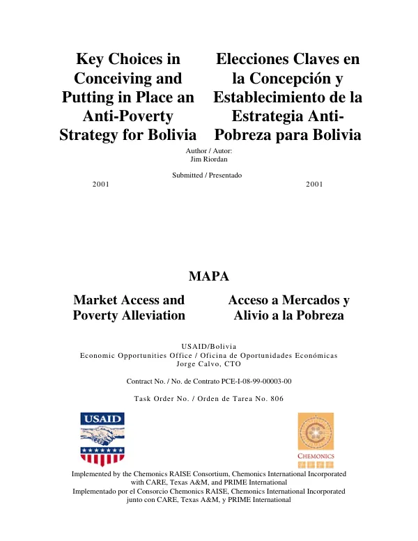 Key choices in conceiving and putting in place an anti-poverty strategy for Bolivia = Elecciones claves en la concepcion y establecimiento de la estrategia anti-pobreza para Bolivia
