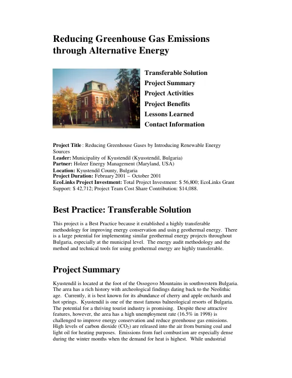 Reducing greenhouse gas emissions through alternative energy [in Bulgaria]
