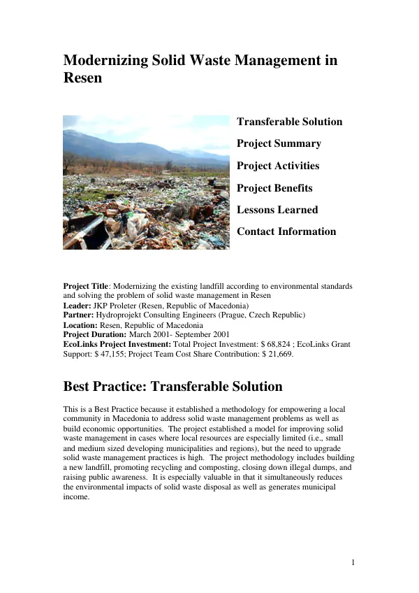 Modernizing solid waste management in Resen[, Republic of Macedonia]