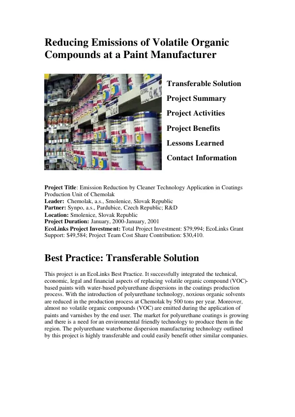 Reducing emissions of volatile organic compounds at a paint manufacturer [in Slovakia]