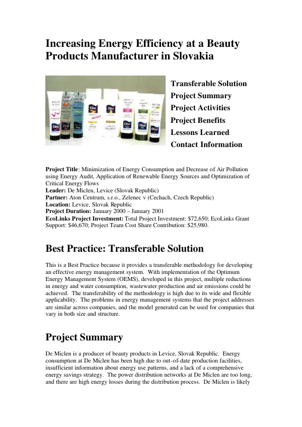 Increasing energy efficiency at a beauty products manufacturer in Slovakia