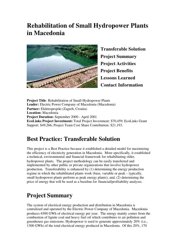 Rehabilitation of small hydropower plants in Macedonia