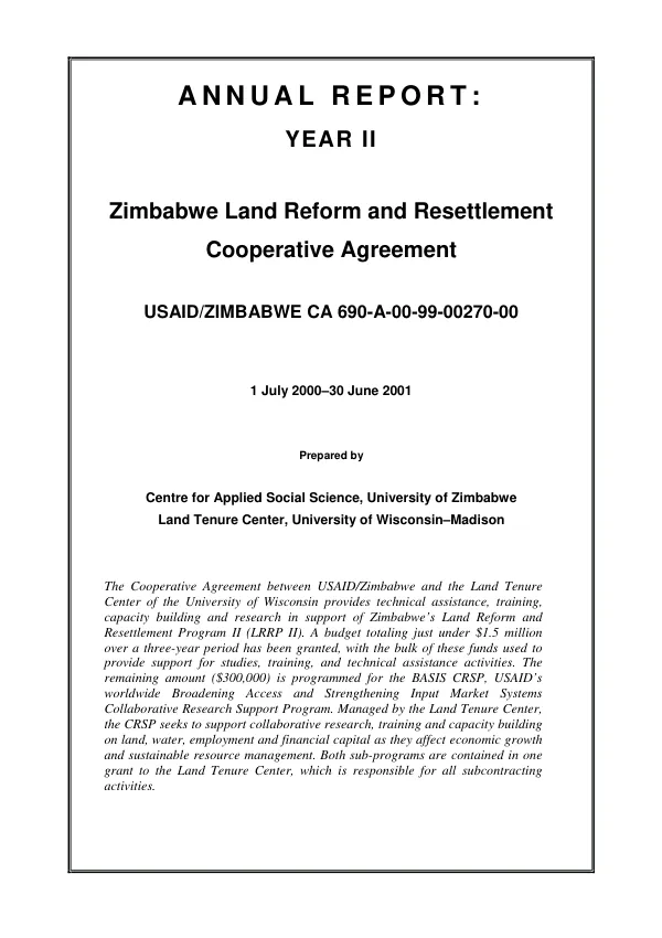 Annual report : year II -- Zimbabwe land reform and resettlement cooperative agreement : USAID/Zimbabwe CA 690-A-00-99-00270-00 -- 1 July 2000-30 June 2001