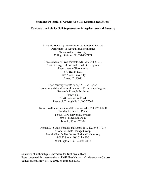 Economic potential of greenhouse gas emission reductions : comparative role for soil sequestration in agriculture and forestry