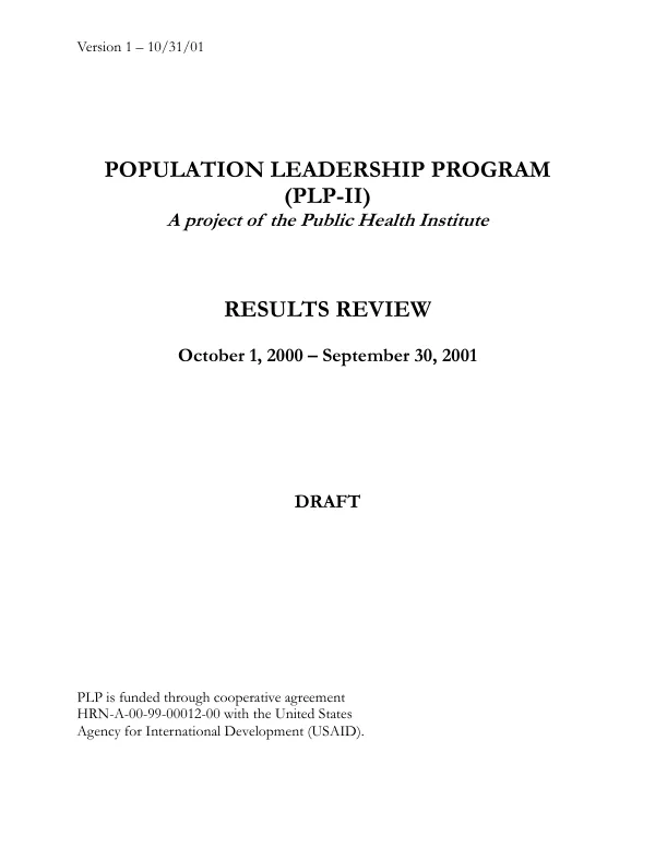 Population leadership program (PLP-II) : results review -- October 1, 2000-September 30, 2001