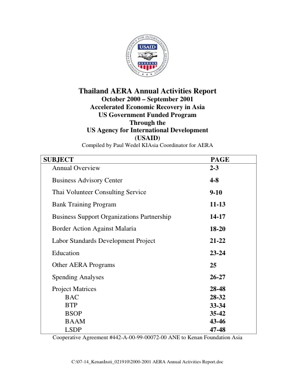 Thailand AERA (accelerated [i.e.accelerating] economic recovery in Asia) annual activities report, October 2000-September 2001