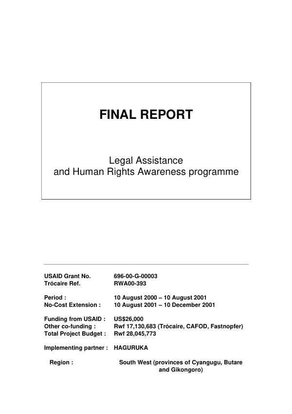 Final report : legal assistance and human rights awareness programme